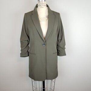 Classic Olive Green Long Fitted Blazer Ruched 3/4 Sleeve
